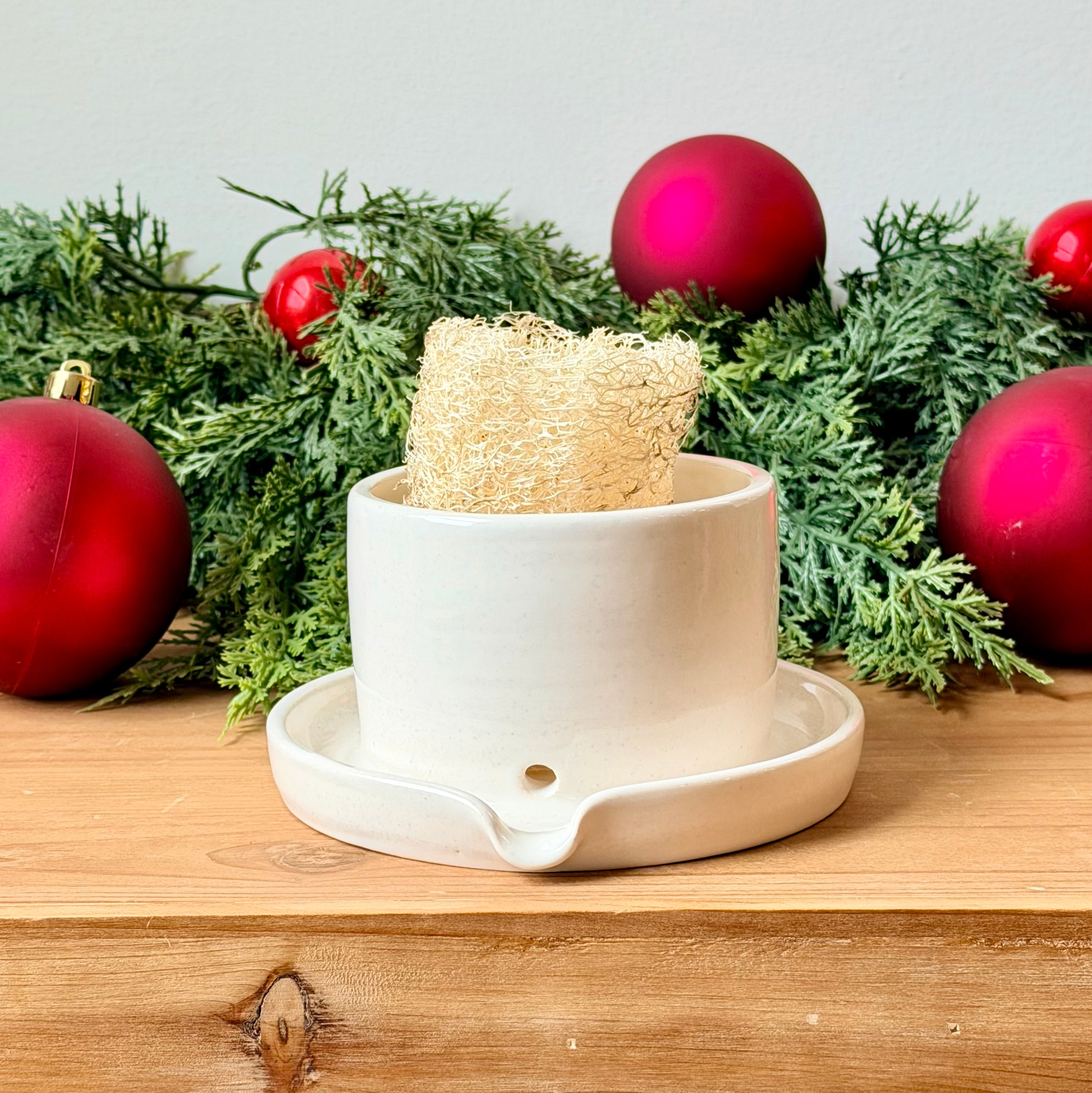 Sponge Holder (white) with Natural Homegrown Loofah Sponge & 10 Loofah Seeds