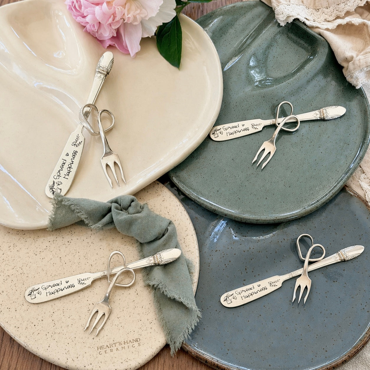 Organic Charcuterie Board with Vintage Silver Set - Cream