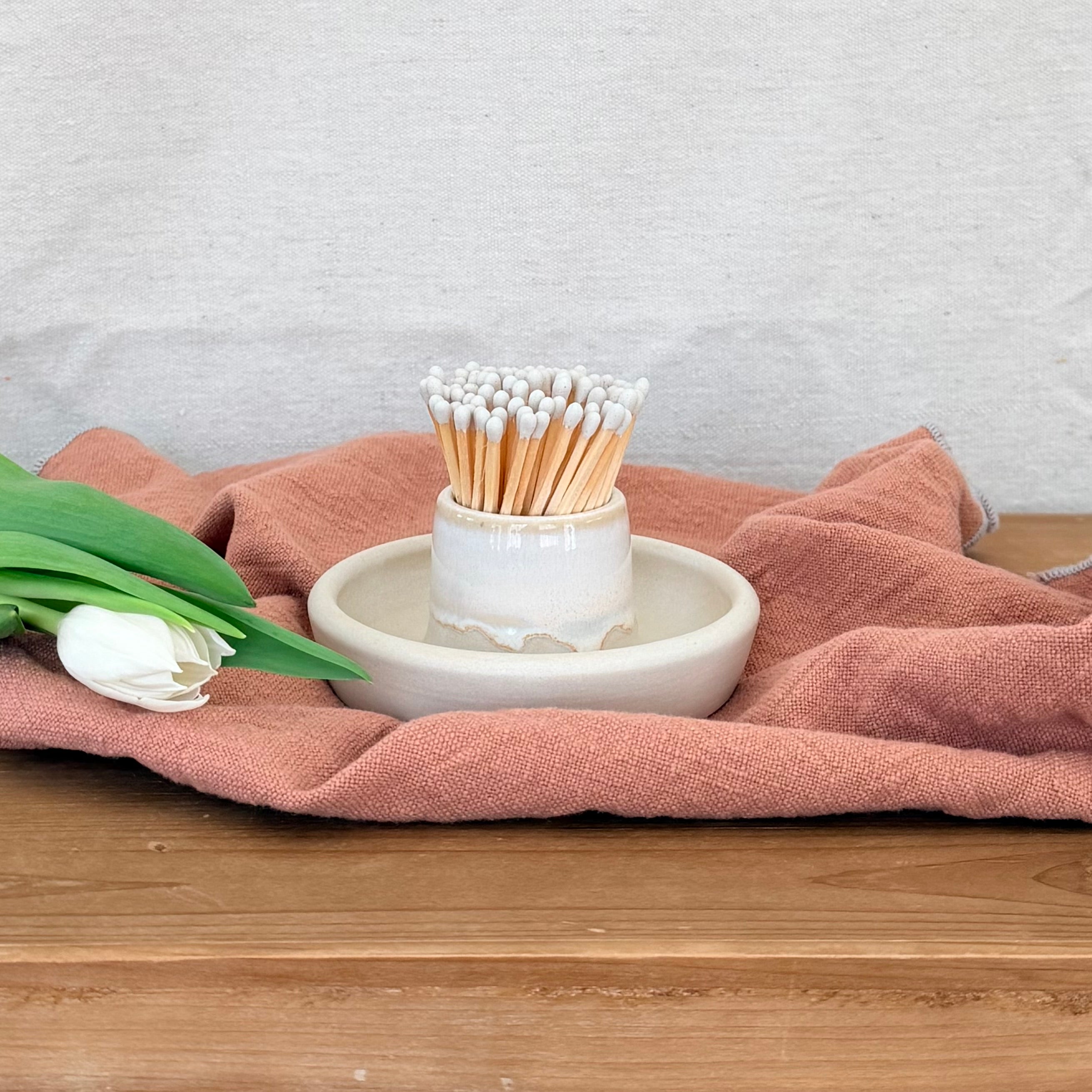 Matchstick Holder Dish with Strike Pad and Matches - Linen