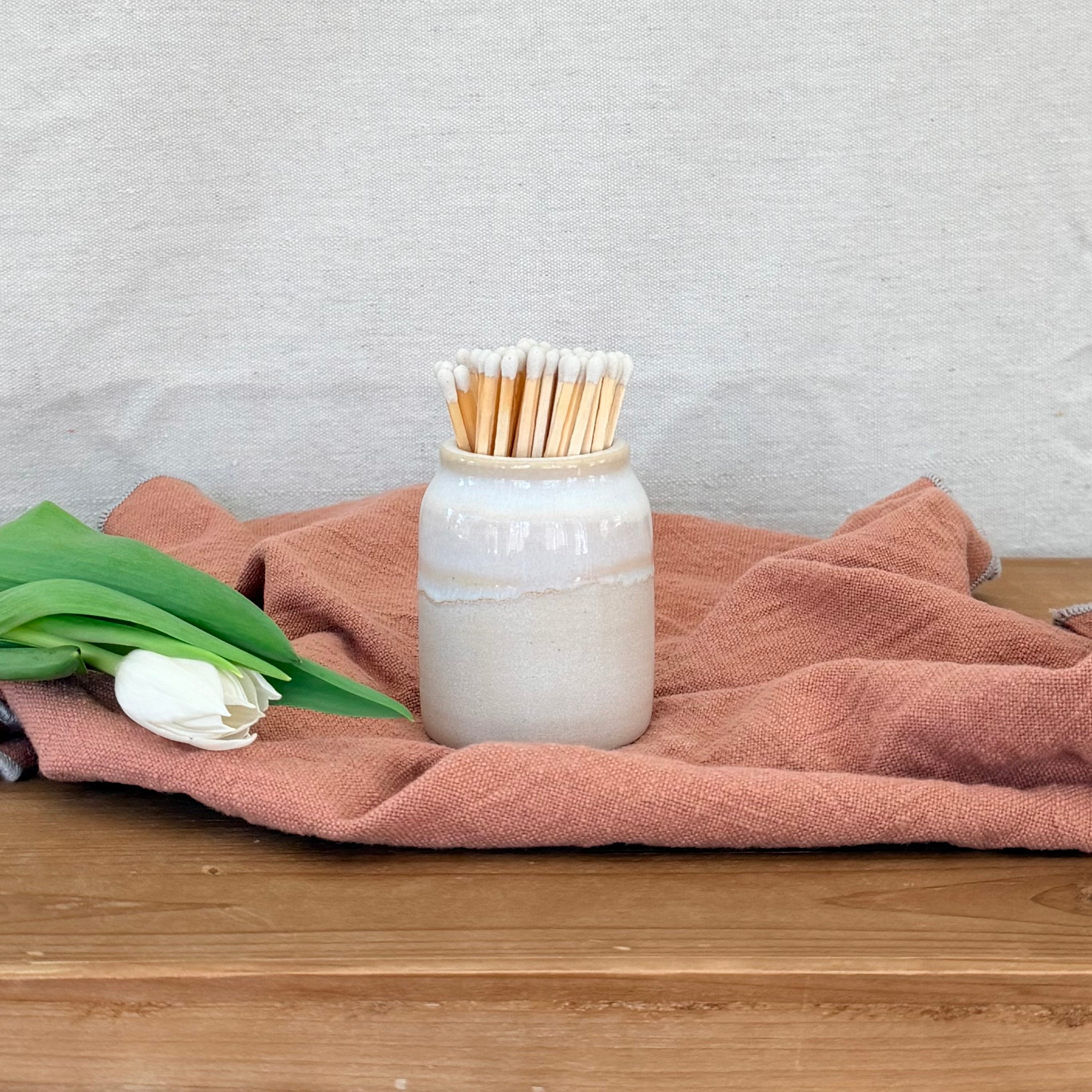 Matchstick Holder with Strike Pad and Matches - Linen