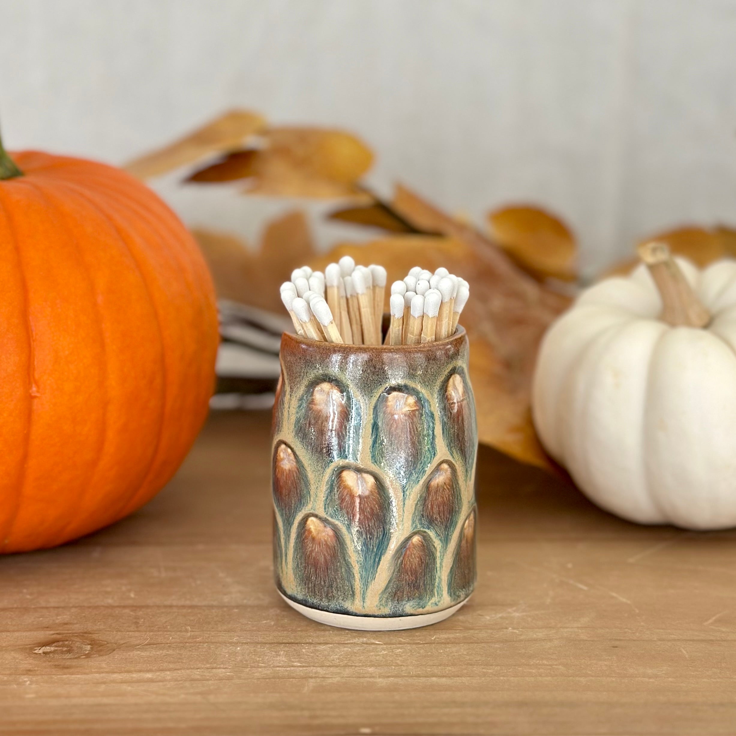 Matchstick Holder w/ Strike Pad and Matches - Fall Feathers