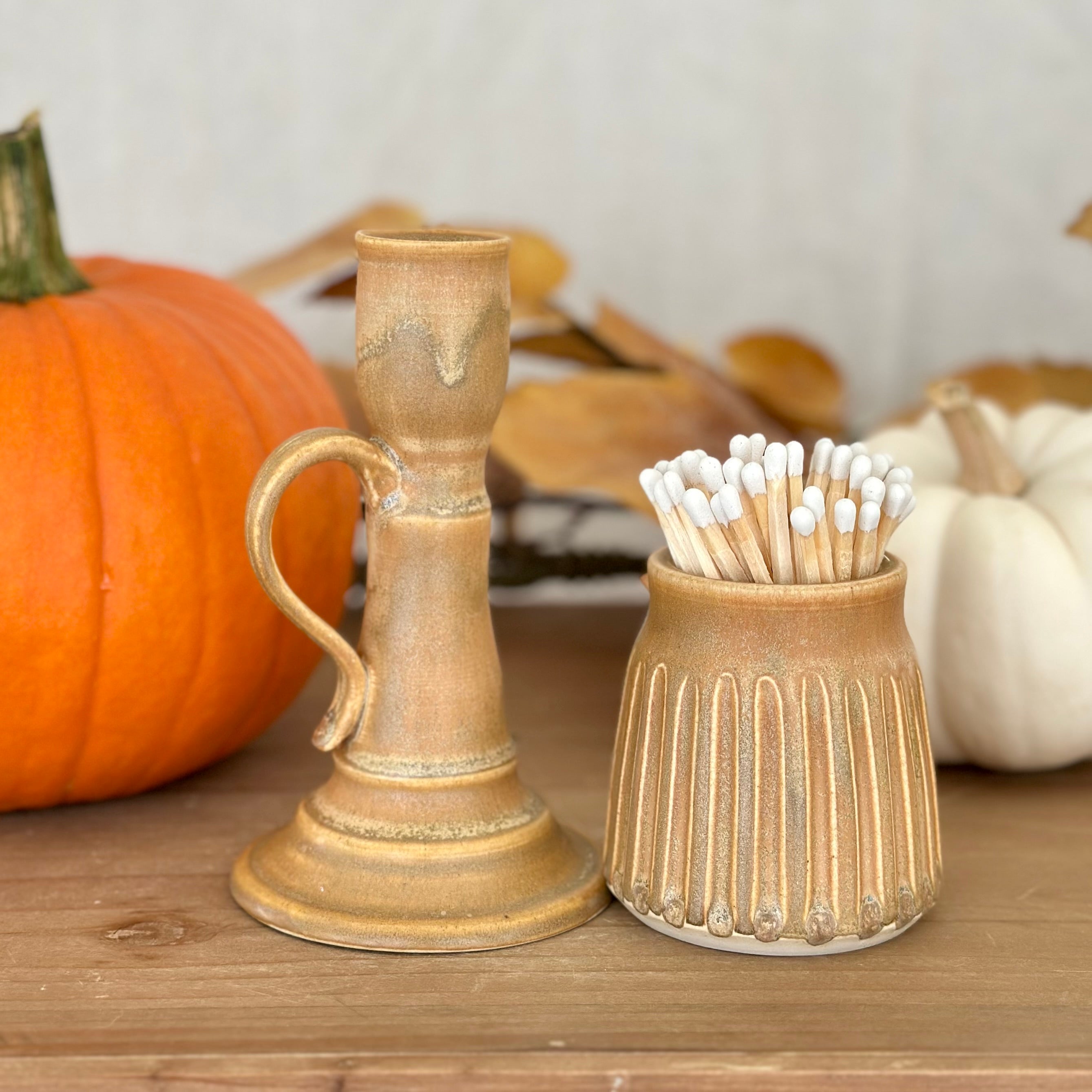 Golden Harvest Candle and Match Holder Set