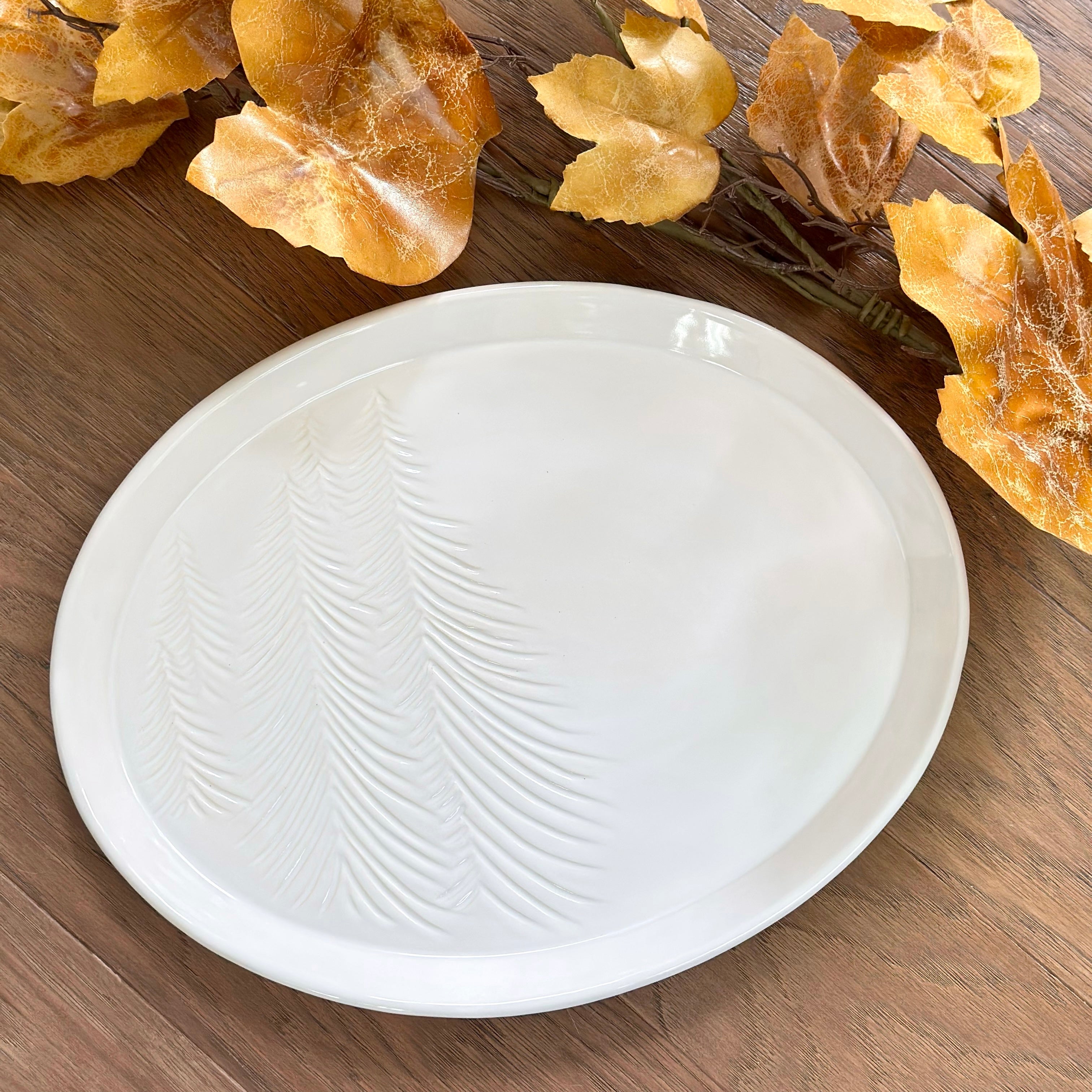 Platter (15” x 12”): Hand-carved Trees, White