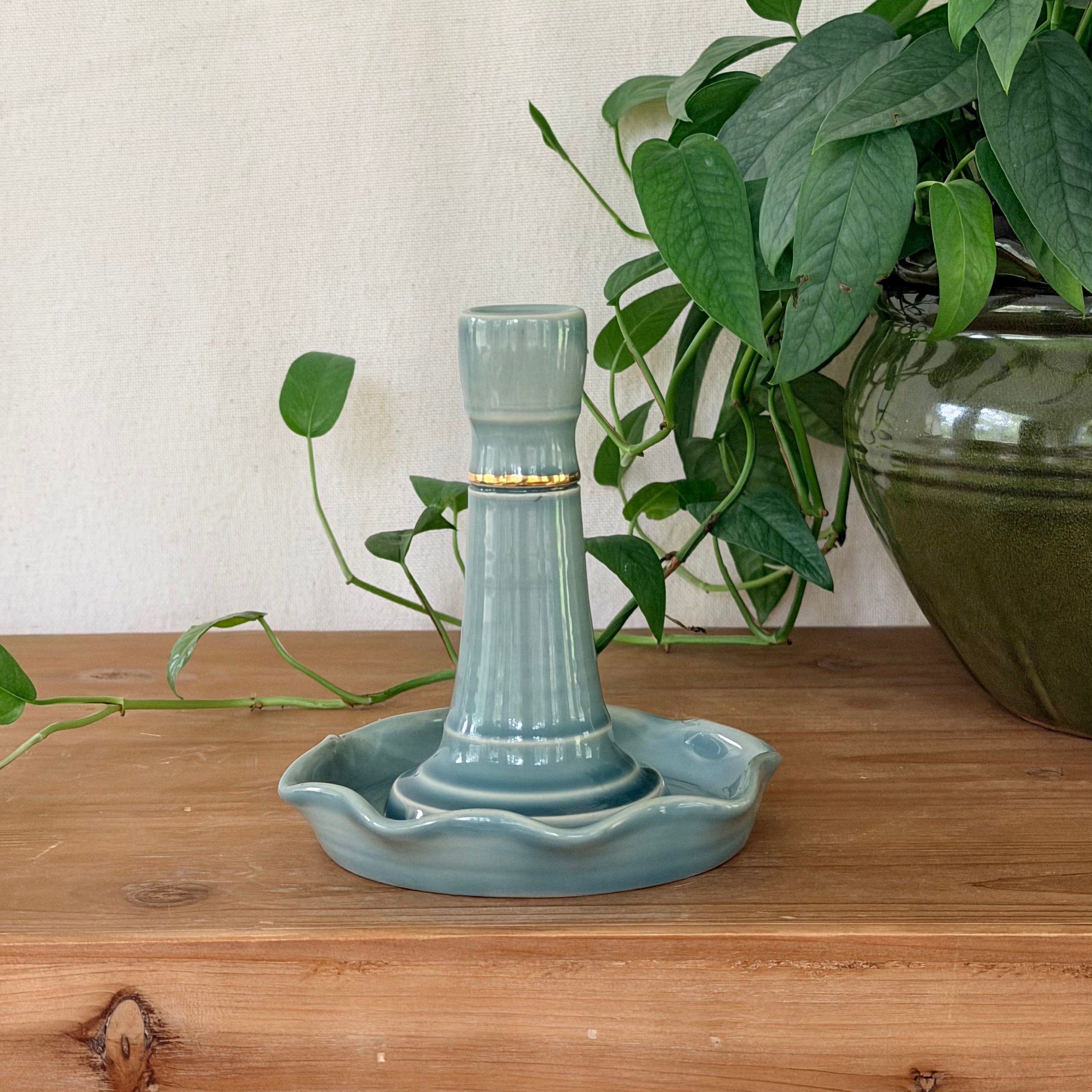 Candlestick Holder and Drip Dish, Wavy - Sea Glass