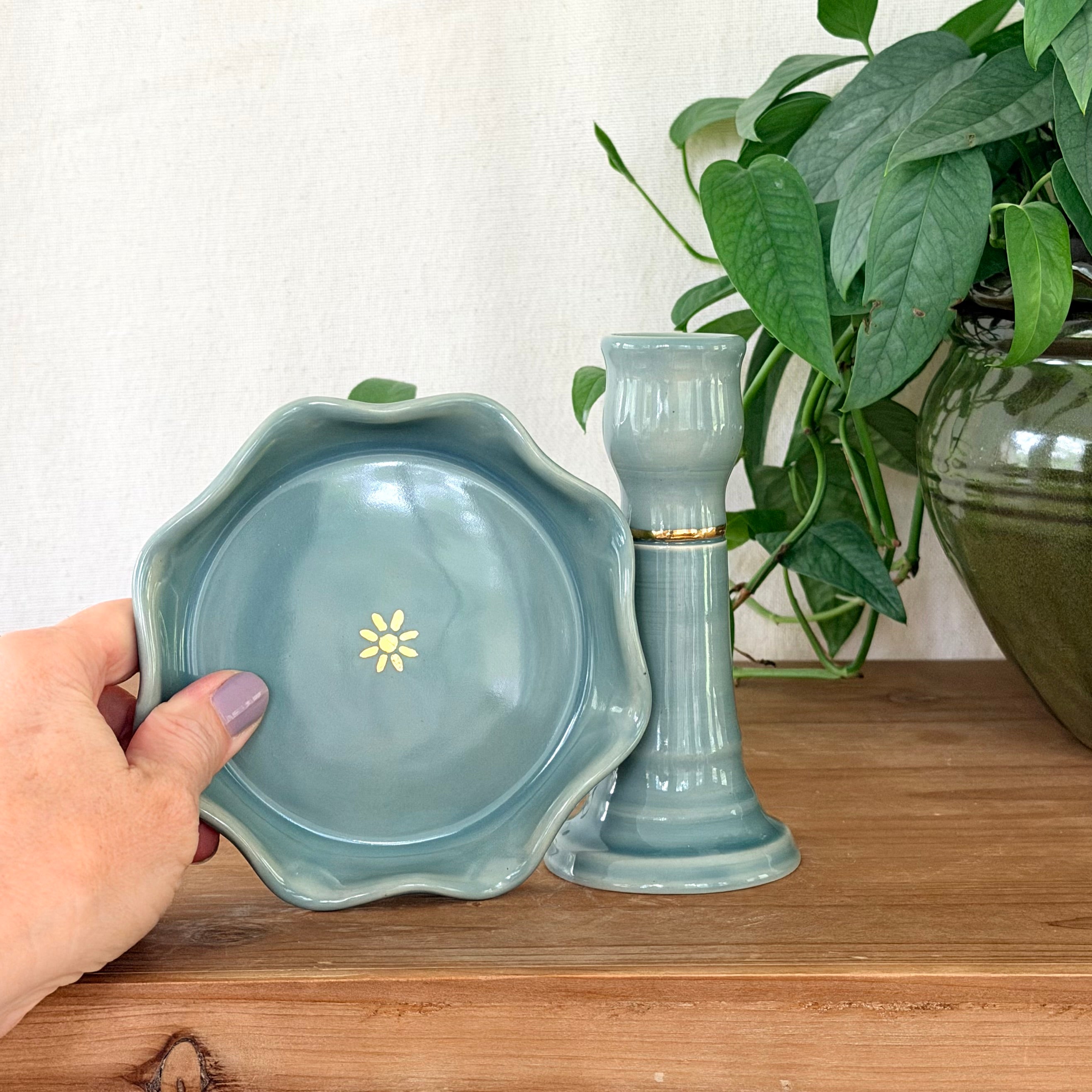Candlestick Holder and Drip Dish, Wavy - Sea Glass