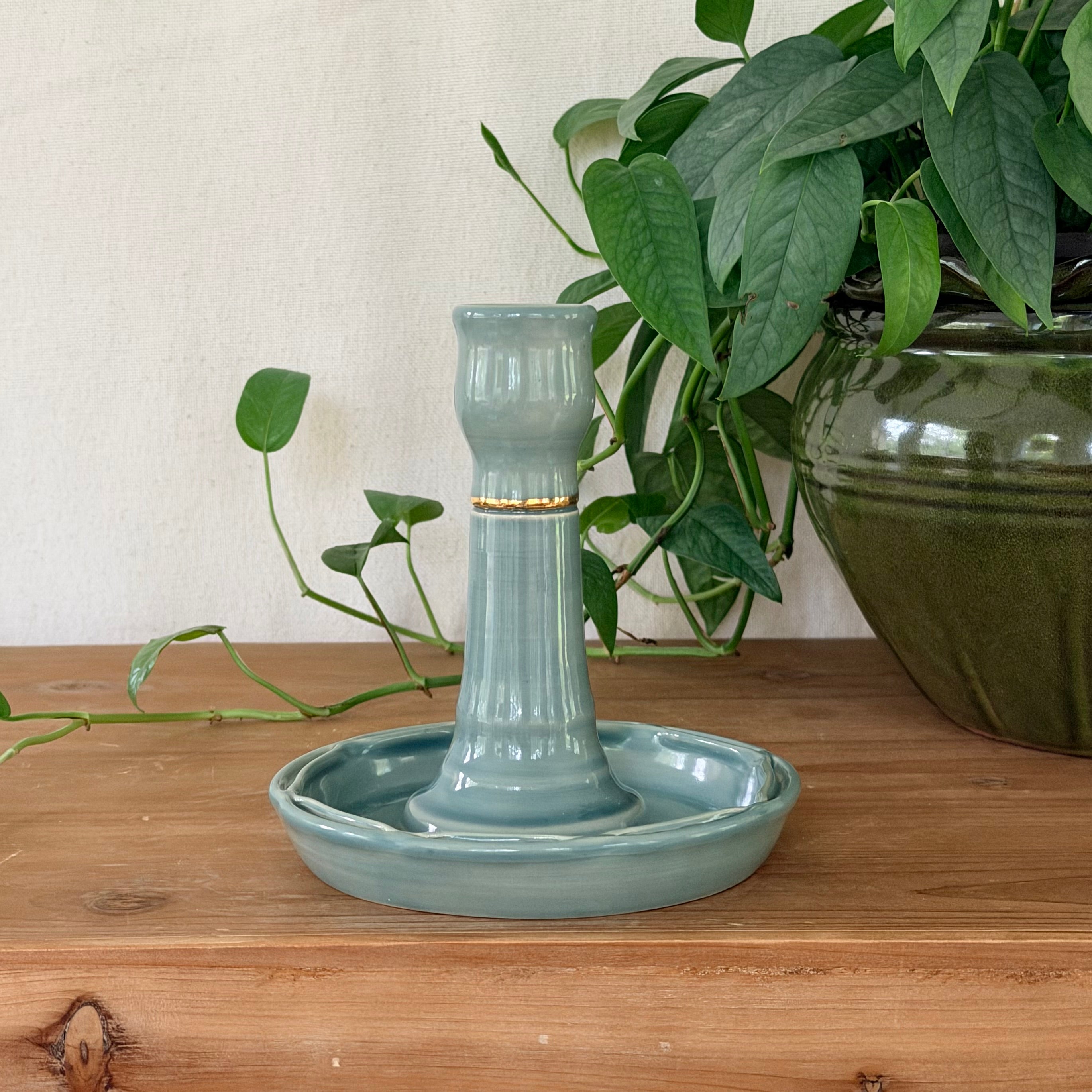 Candlestick Holder and Drip Dish, Split - Sea Glass