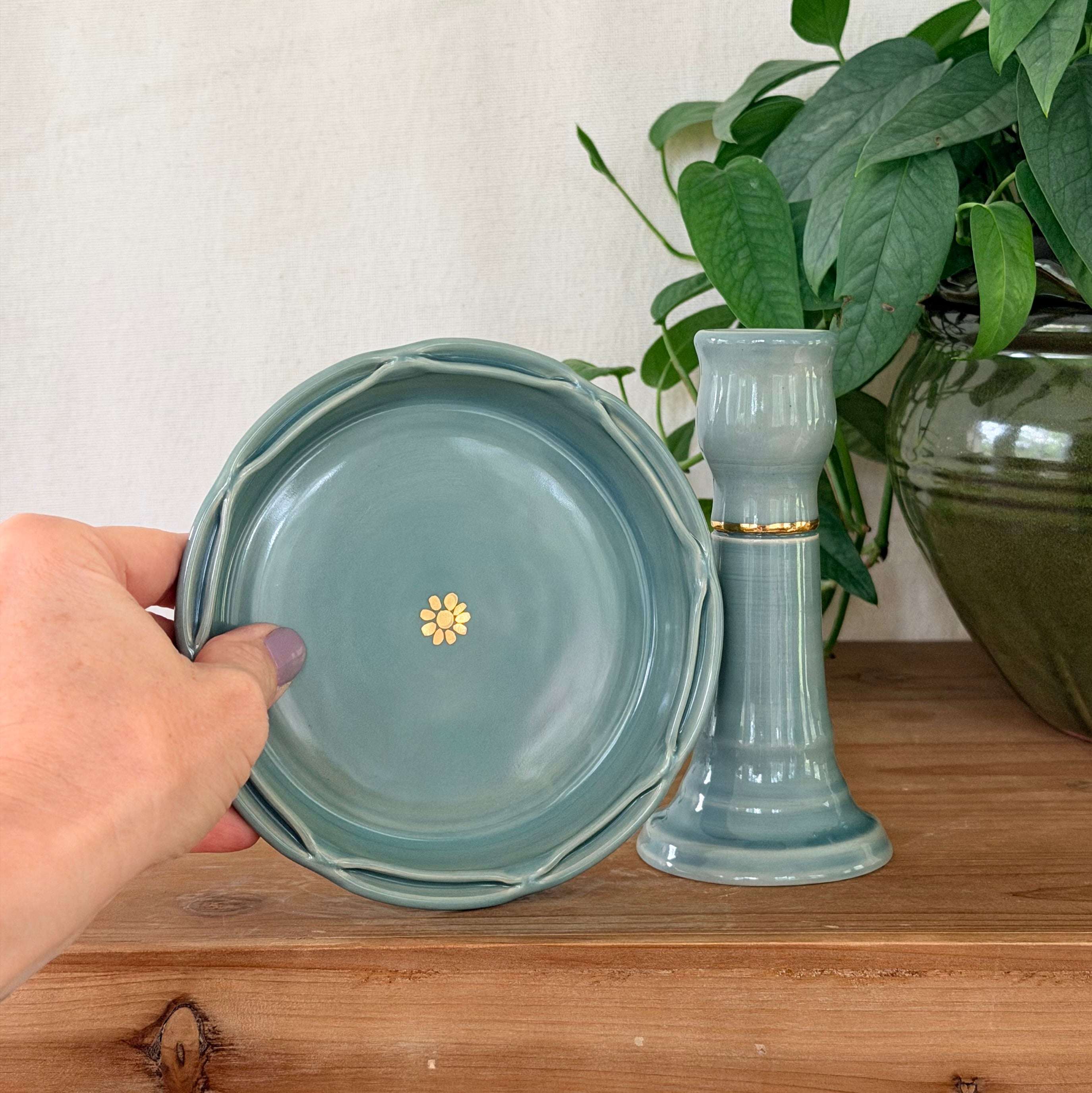 Candlestick Holder and Drip Dish, Split - Sea Glass