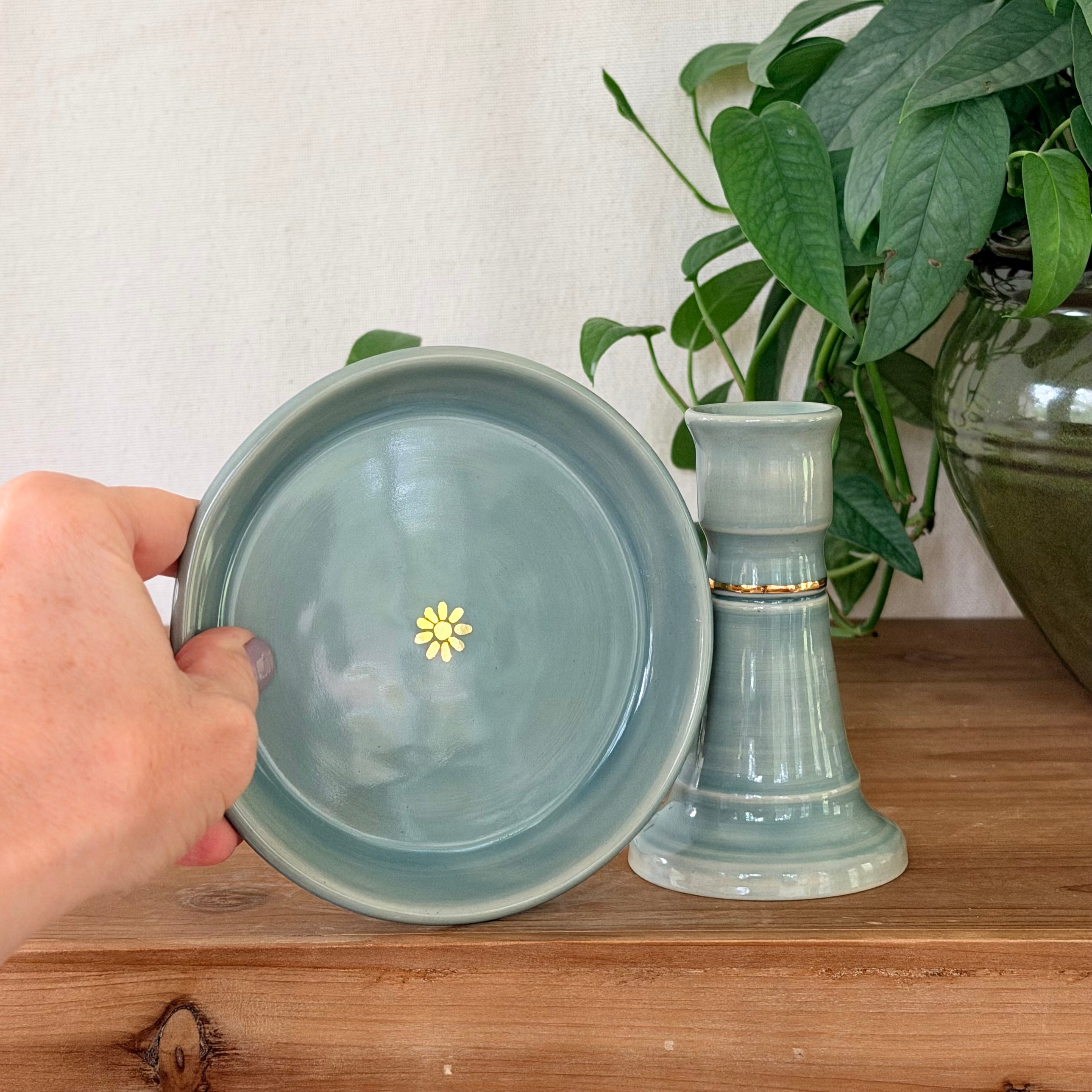 Candlestick Holder and Drip Dish, Straight - Sea Glass